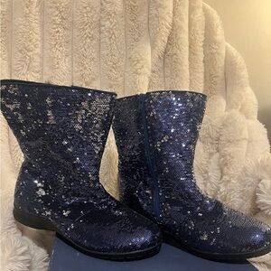 NWOB Joan Boyce Blue Sequin Faux Fur Cold Weather Boots - Sz 7